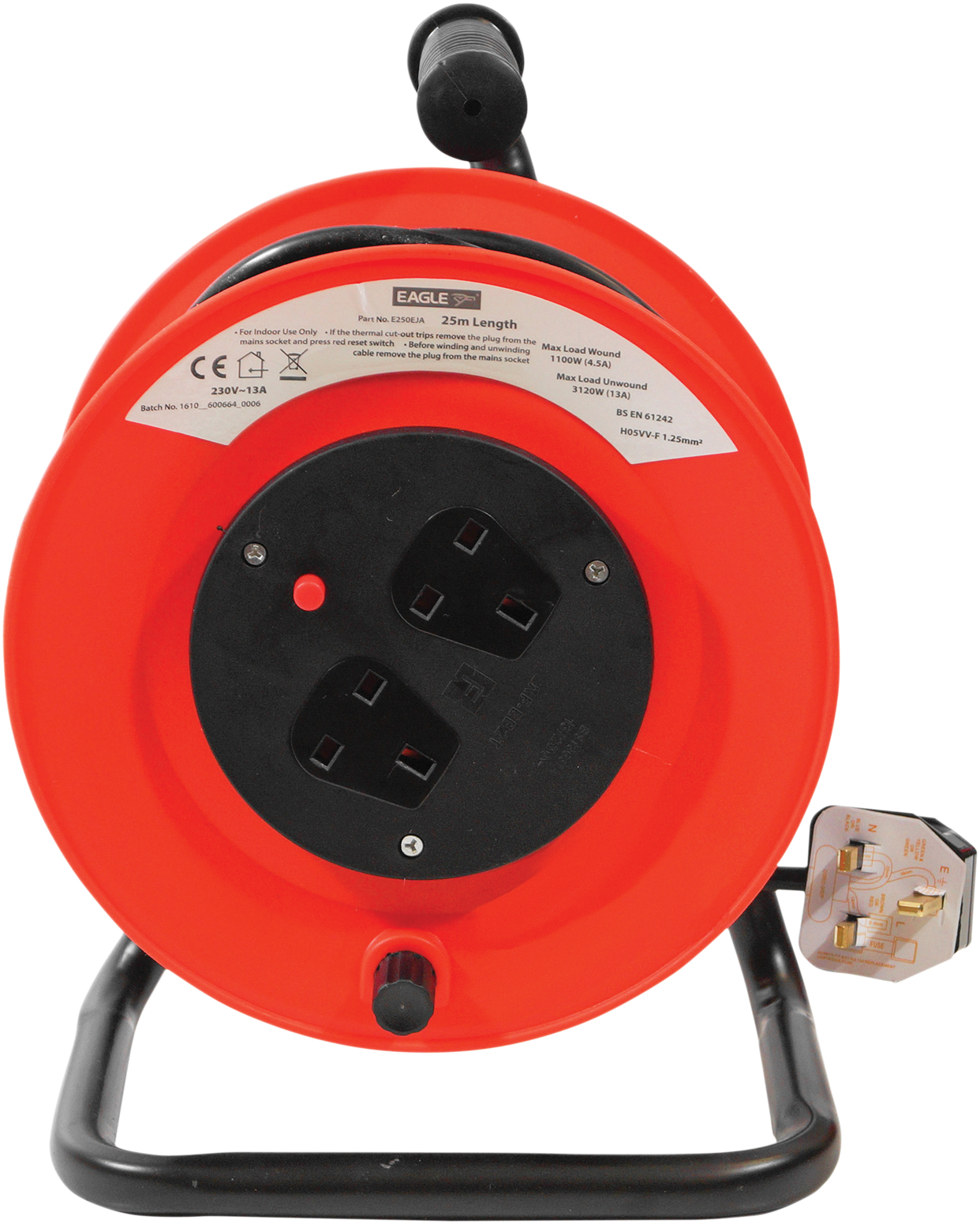 4 WAY 50M,13A Cable Reel with Handle /& Metal Stand With Thermal Cut Off